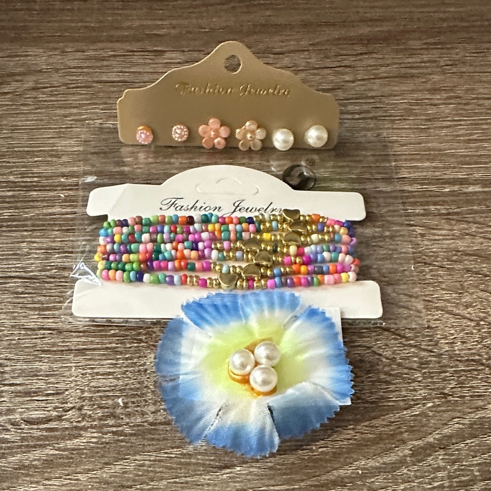 Bracelets set of 7 Earrings set of 3 handmade & one hair clip handmade New
